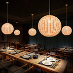 Oriental Beige Rattan Globe Pendant Light Fixture for Indoor