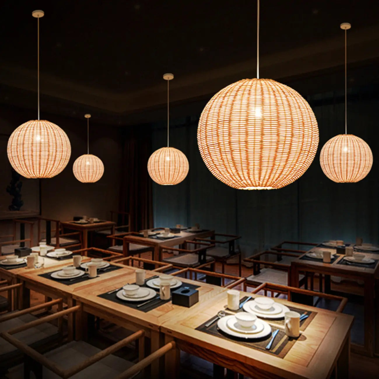Oriental Beige Rattan Globe Pendant Light Fixture for Indoor
