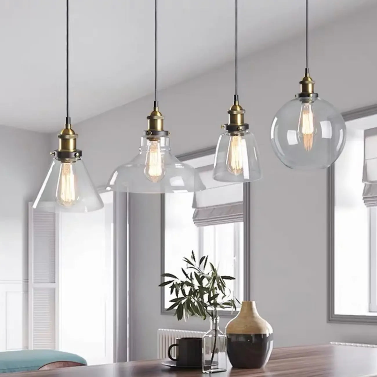 Old School Hardwired Globe/Barrel/Warehouse Clear Glass Pendant for Indoor with Grey/Translucent/Amber Vitreous Shade
