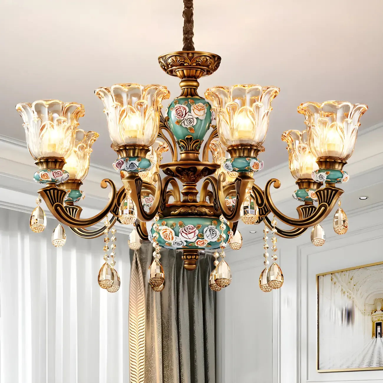 Indoor Vintage Brass Flower Glass Shape Crystal Chandelier