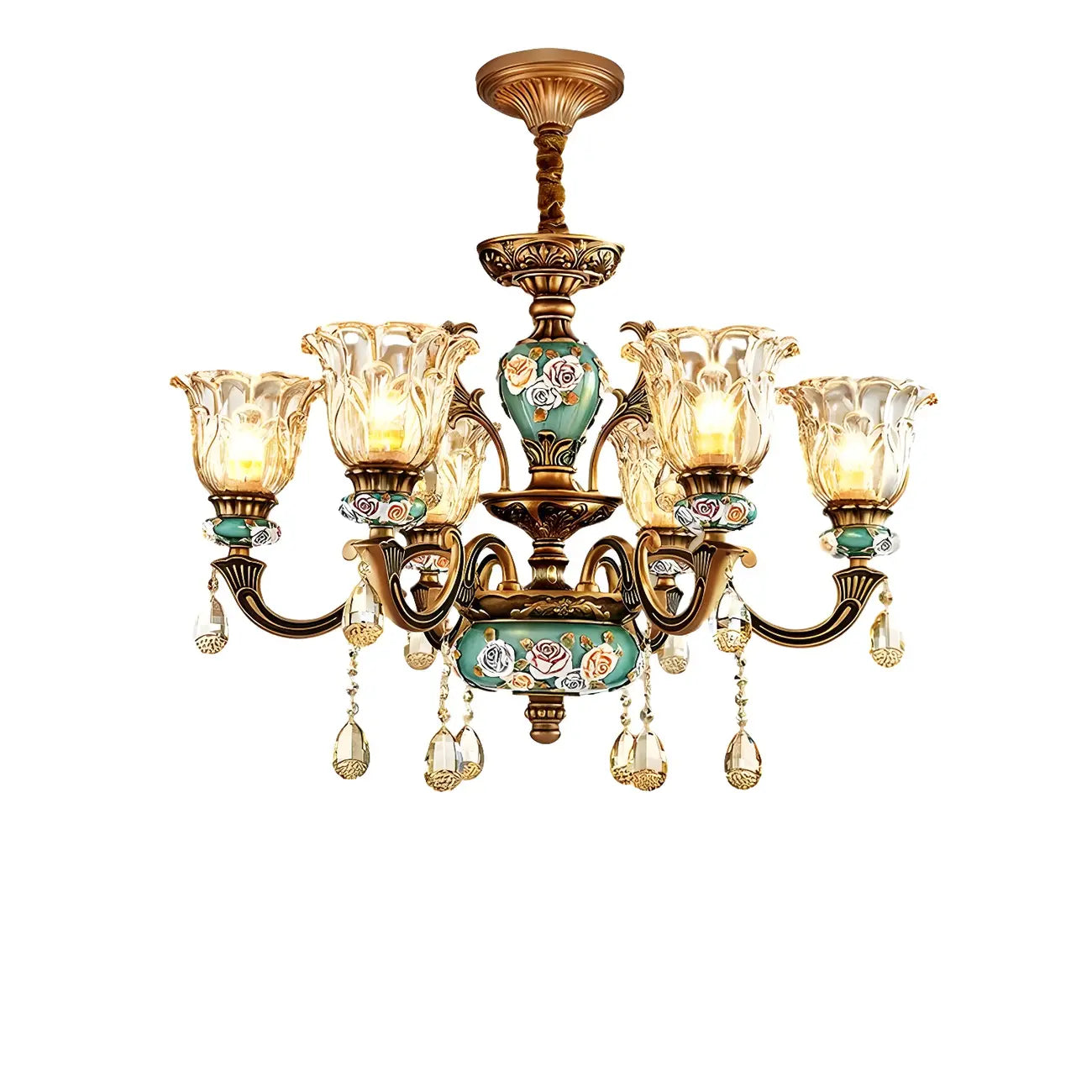 Indoor Vintage Brass Flower Glass Shape Crystal Chandelier