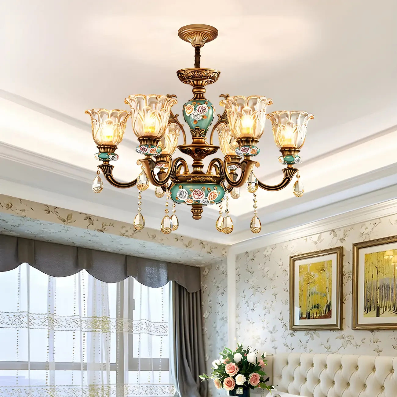 Indoor Vintage Brass Flower Glass Shape Crystal Chandelier