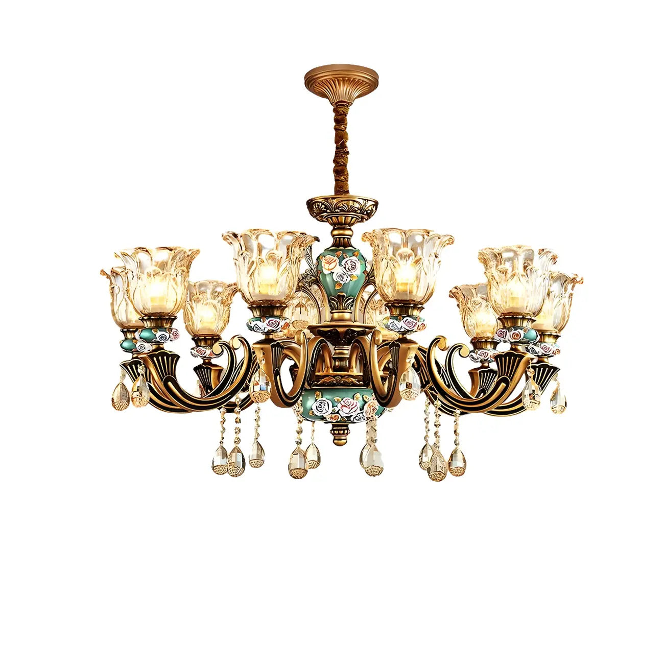 Indoor Vintage Brass Flower Glass Shape Crystal Chandelier