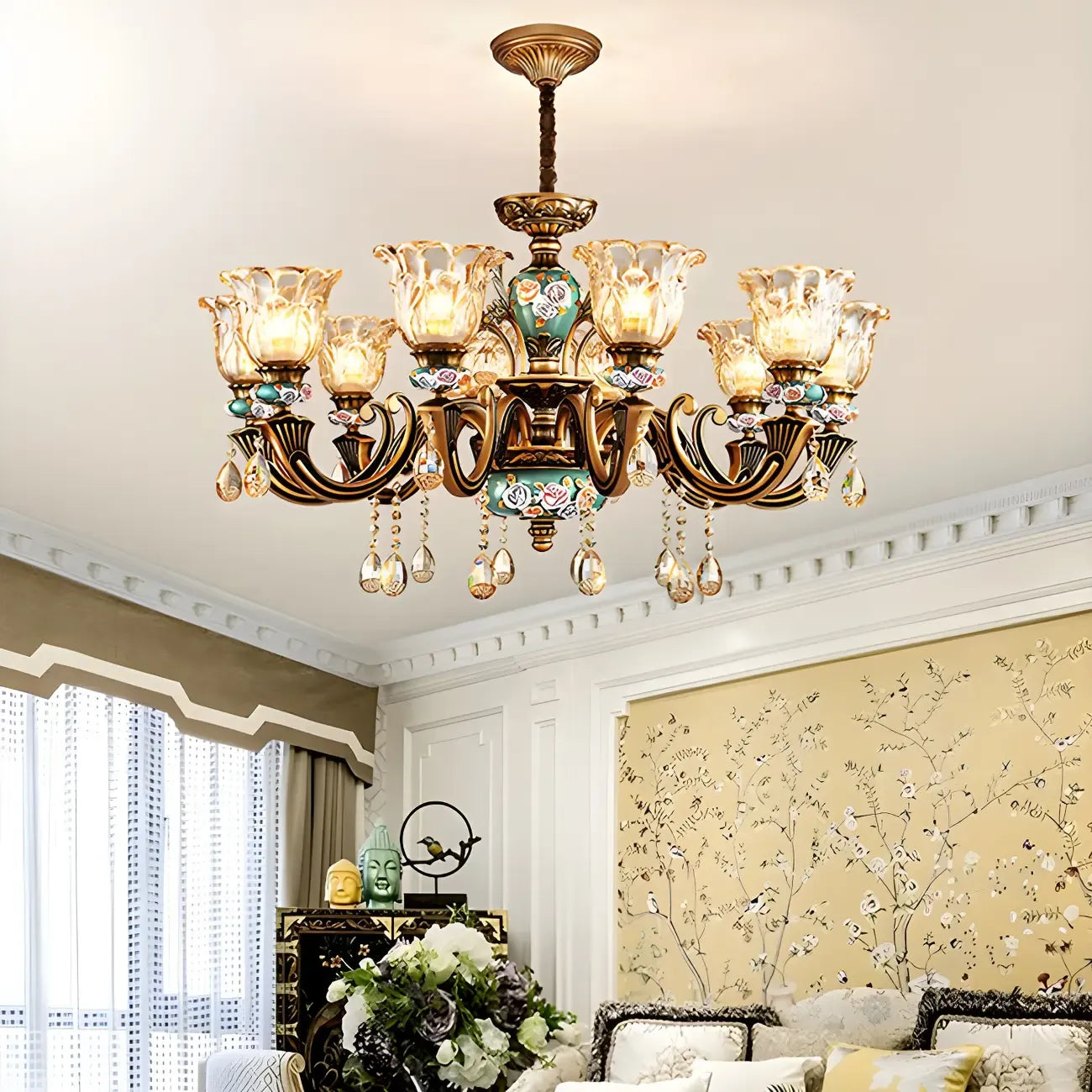 Indoor Vintage Brass Flower Glass Shape Crystal Chandelier