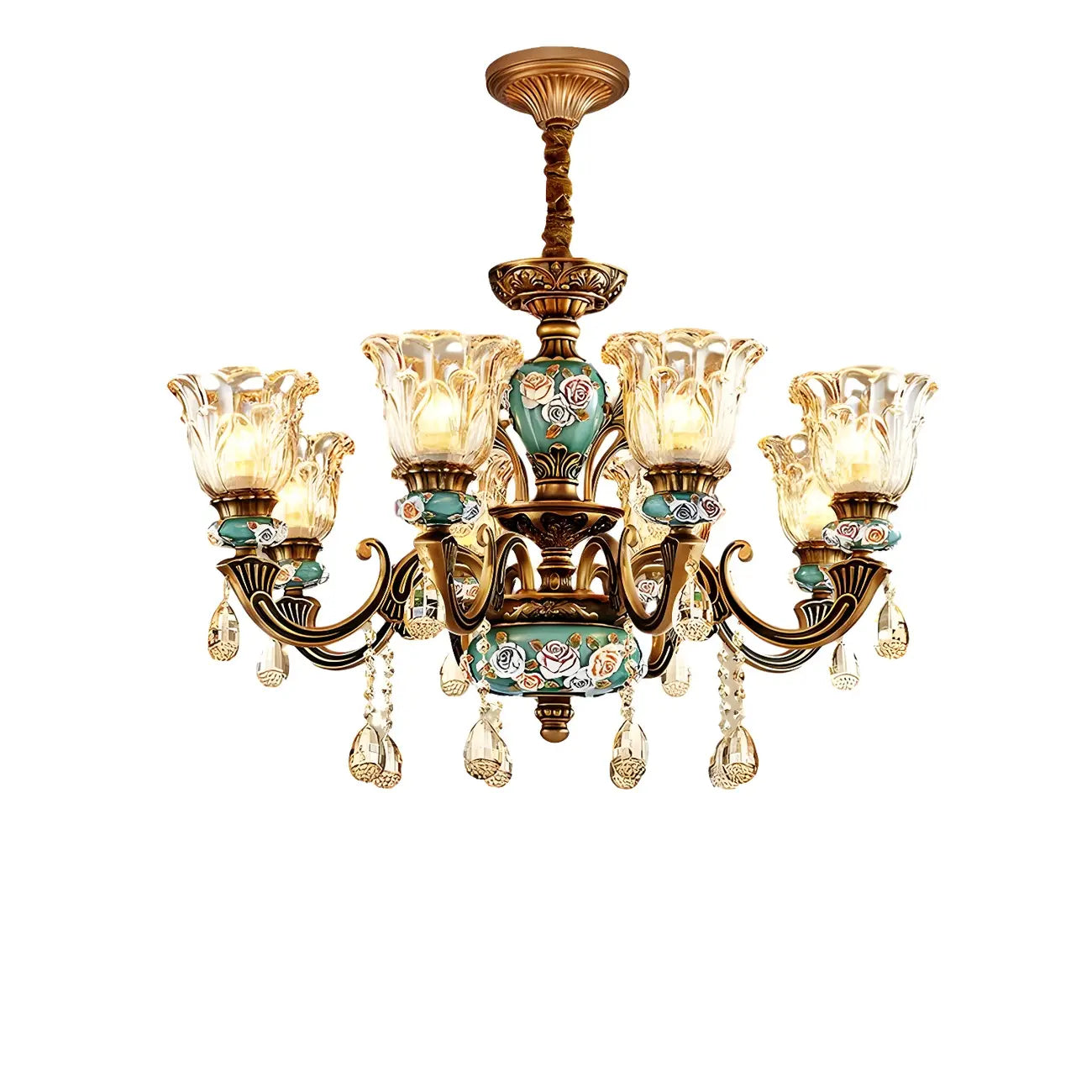 Indoor Vintage Brass Flower Glass Shape Crystal Chandelier