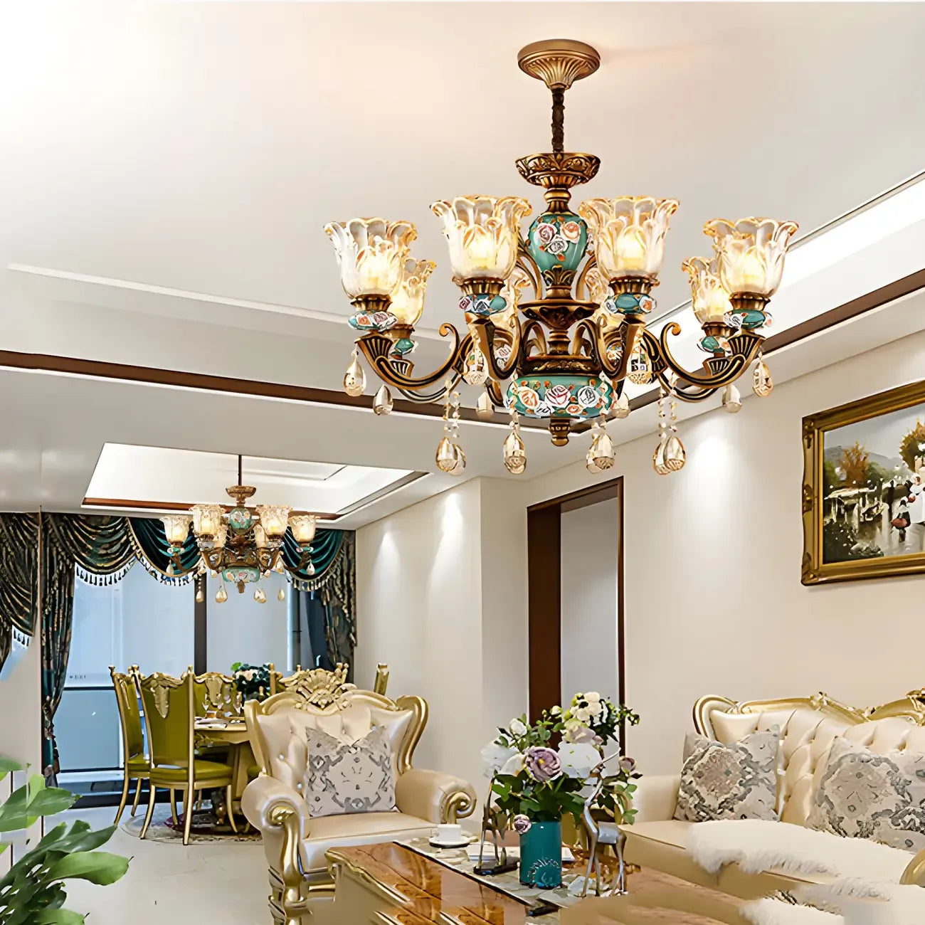 Indoor Vintage Brass Flower Glass Shape Crystal Chandelier