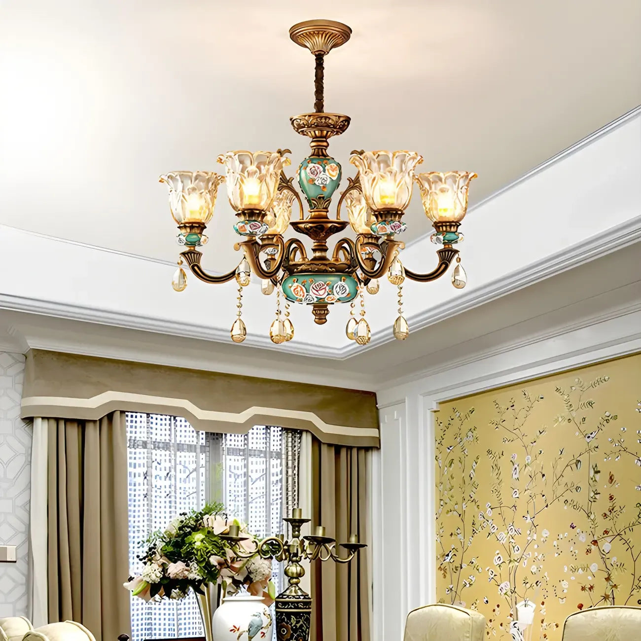 Indoor Vintage Brass Flower Glass Shape Crystal Chandelier