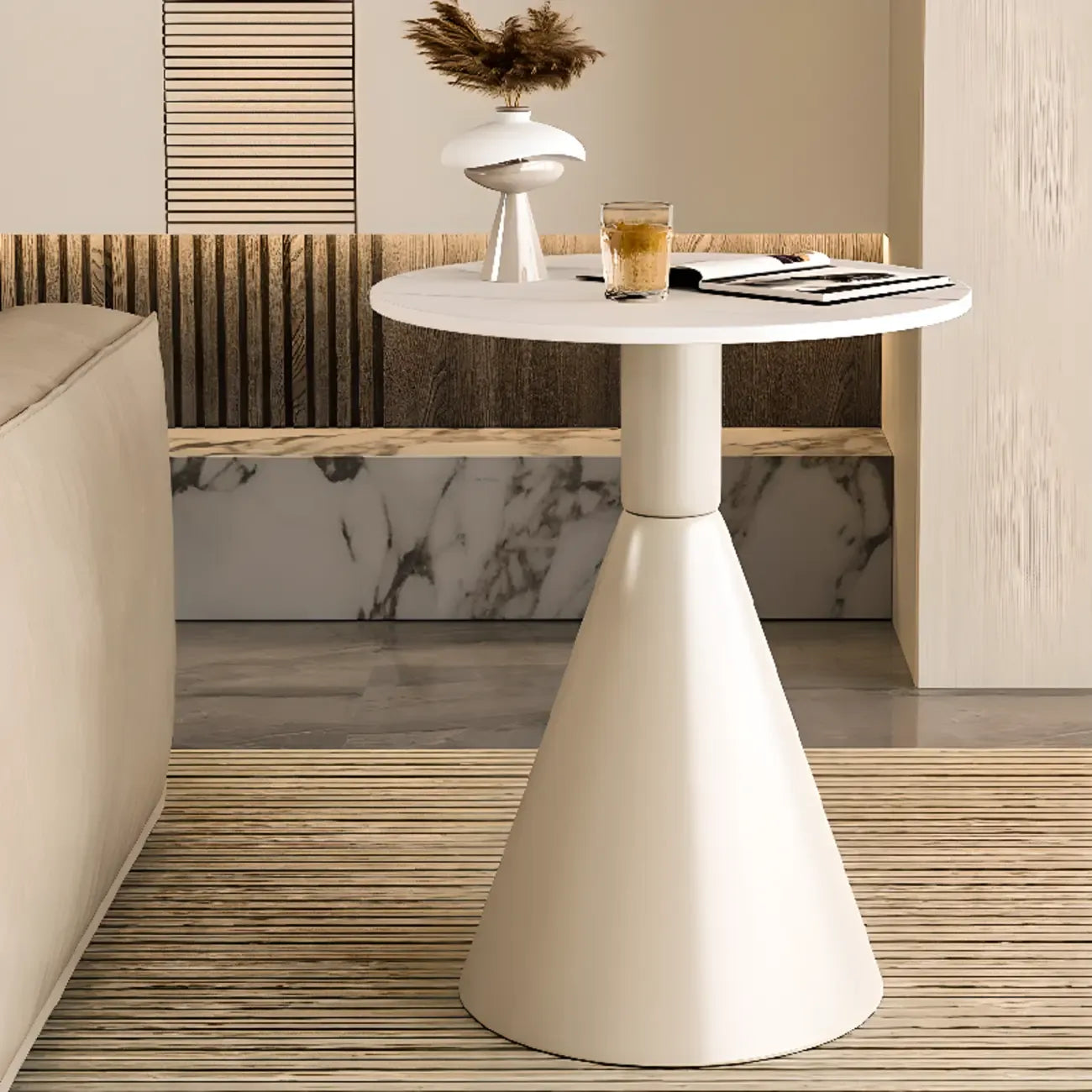 Modish Stone Round End Table with Metal Base
