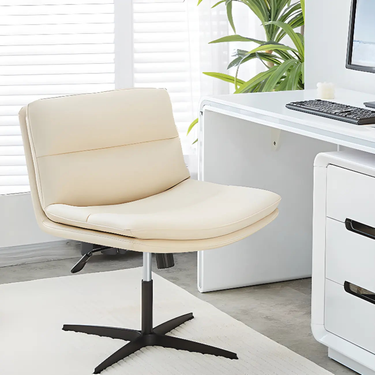 Beige Leather Armless Swivel Wide Office Chair