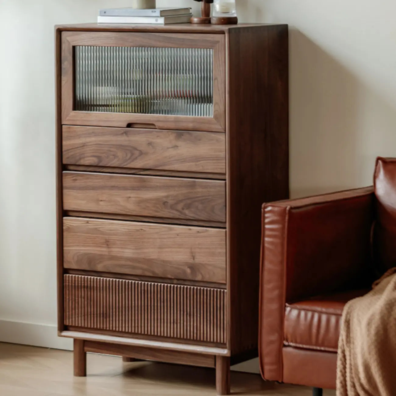 47H Modern Walnut Flip-Up Glass Door Storage Cabinet