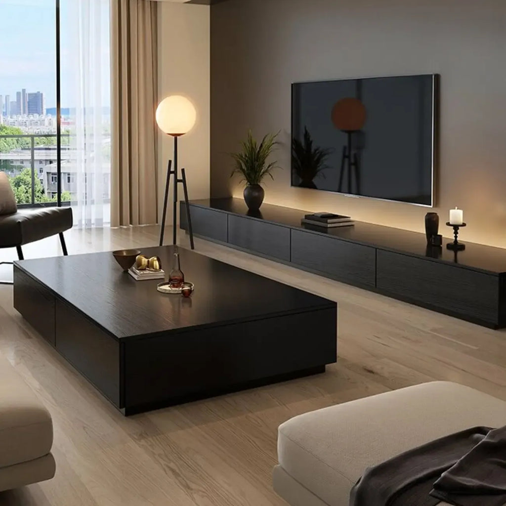 Minimalist Black Long Rectangular TV Stand with 4 Drawers