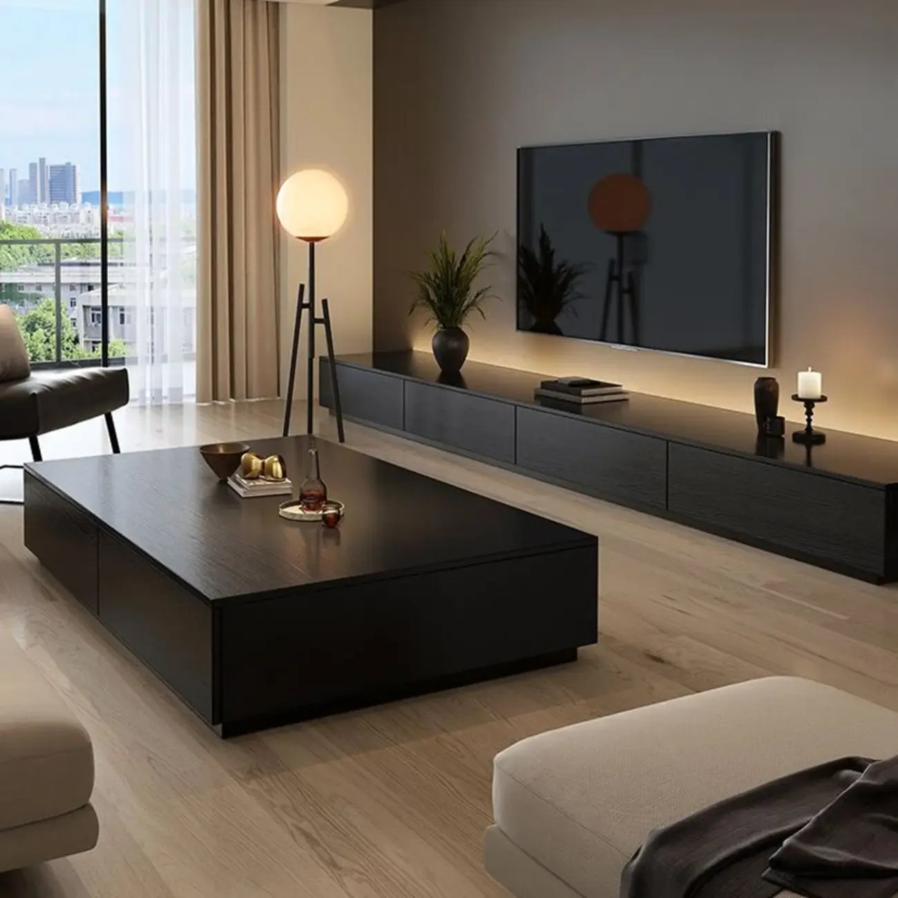 Minimalist Black Long Rectangular TV Stand with 4 Drawers