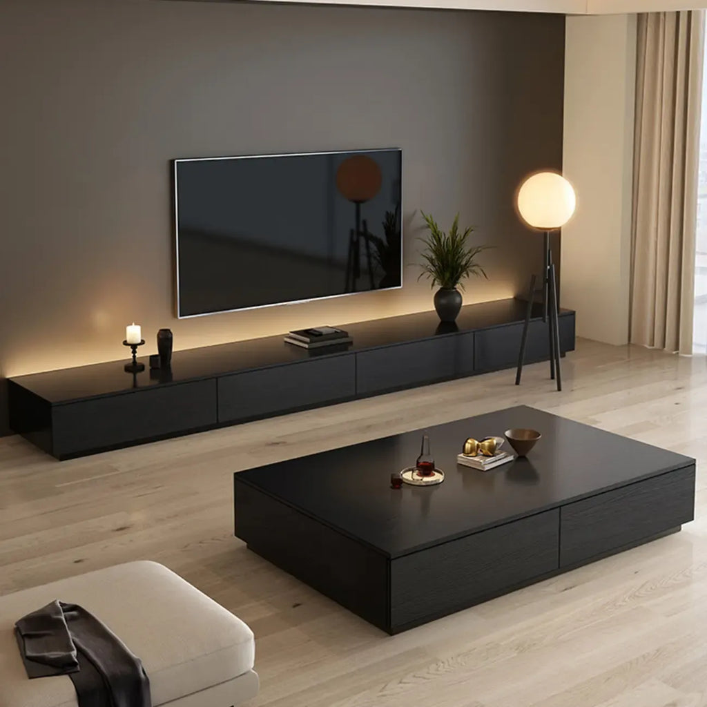 Minimalist Black Long Rectangular TV Stand with 4 Drawers