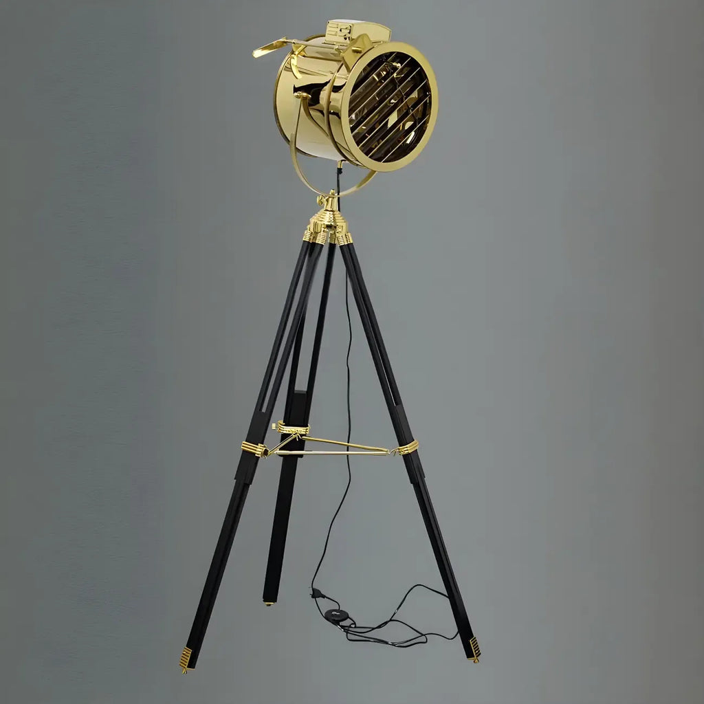 Industrial Gold Metal Tripod Standing Floor Lamp
