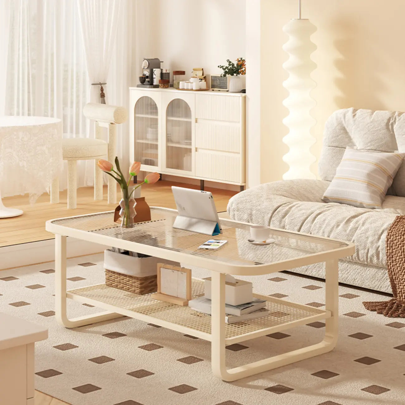 Modern White Rectangle Glass Coffee Table with Shelf