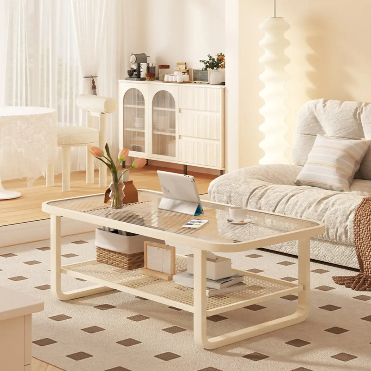 Modern White Rectangle Glass Coffee Table with Shelf
