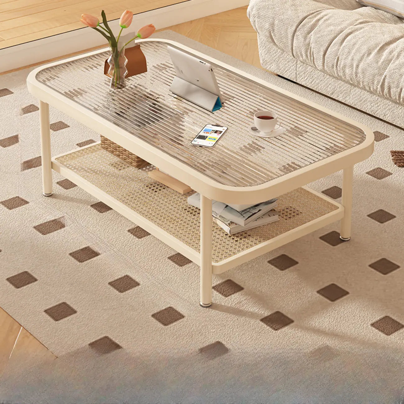 Modern White Rectangle Glass Coffee Table with Shelf