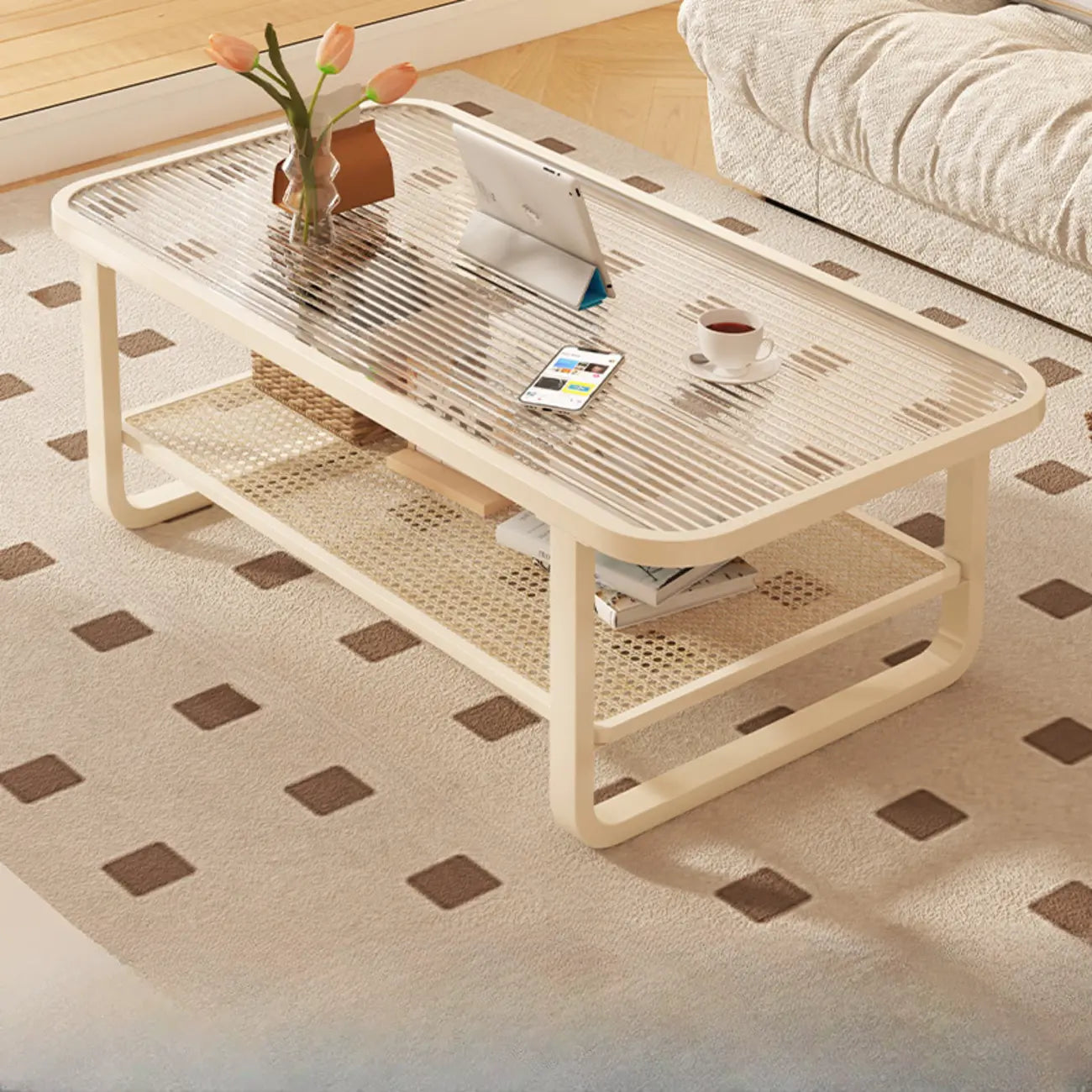 Modern White Rectangle Glass Coffee Table with Shelf