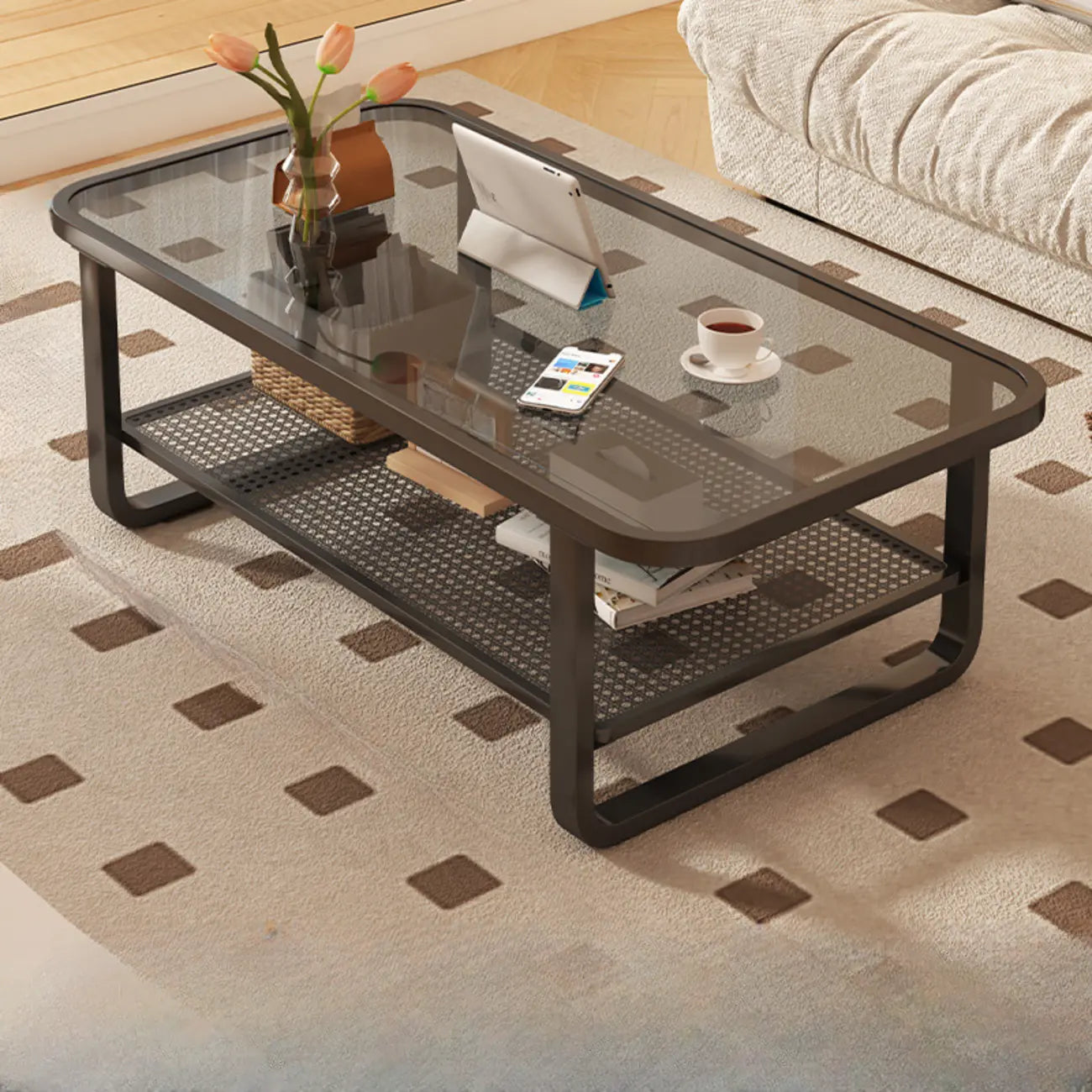 Modern White Rectangle Glass Coffee Table with Shelf
