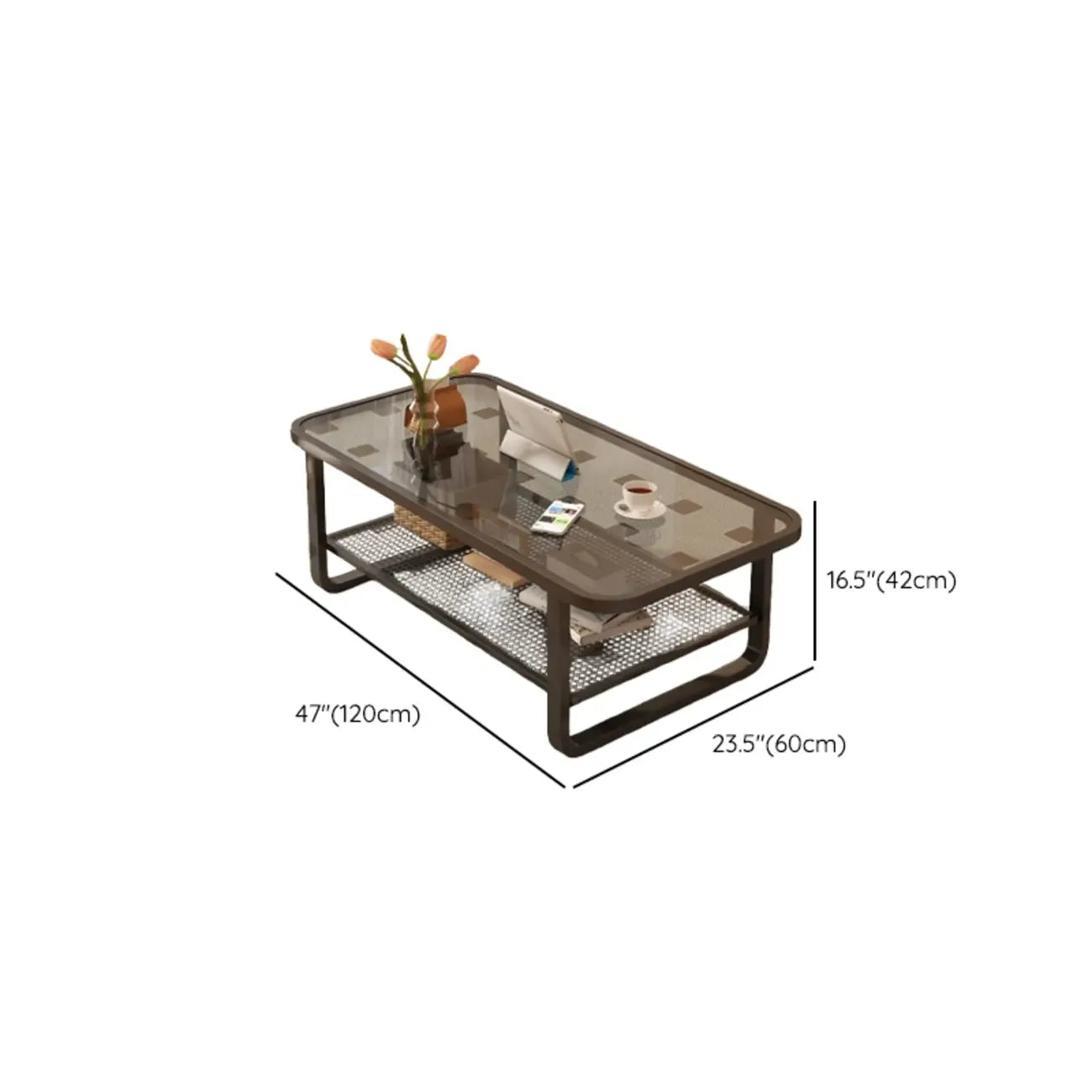Modern White Rectangle Glass Coffee Table with Shelf
