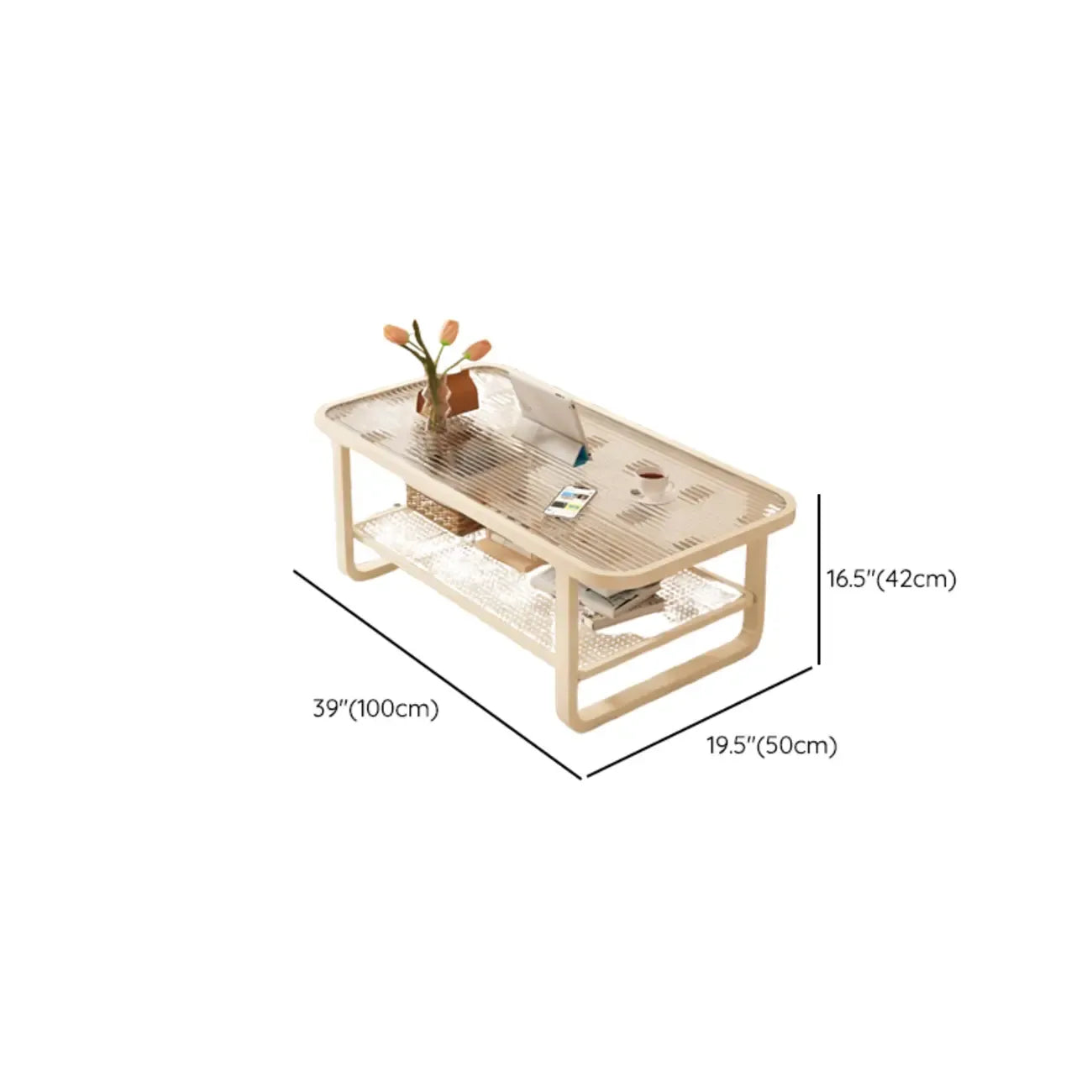 Modern White Rectangle Glass Coffee Table with Shelf