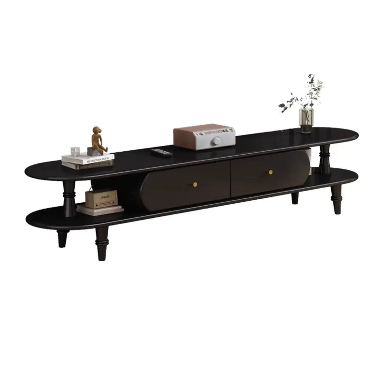 71 Black Oval Wood 3-Shelf TV Stand with Storage Drawers