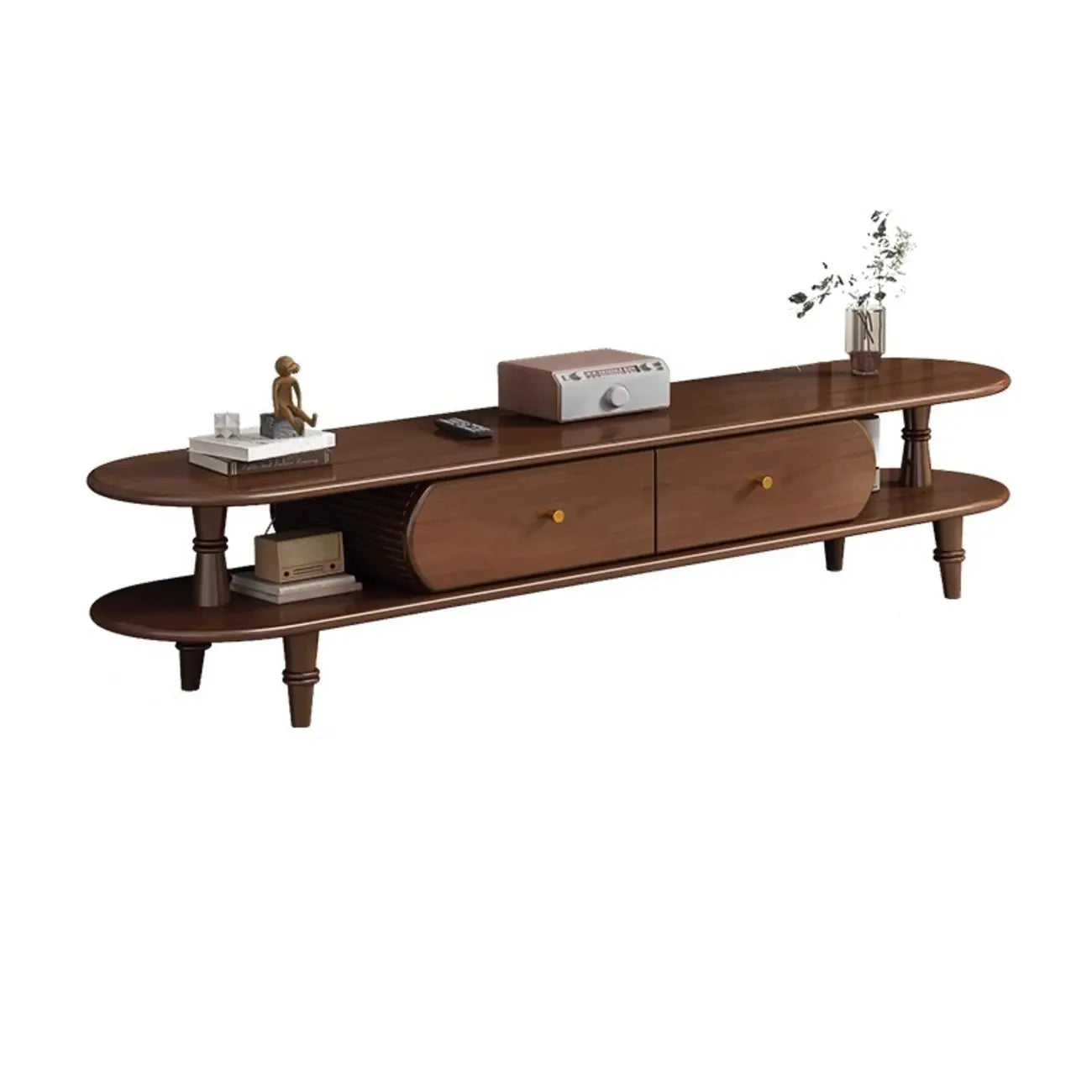 71 Black Oval Wood 3-Shelf TV Stand with Storage Drawers