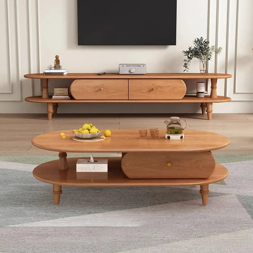 71 Black Oval Wood 3-Shelf TV Stand with Storage Drawers