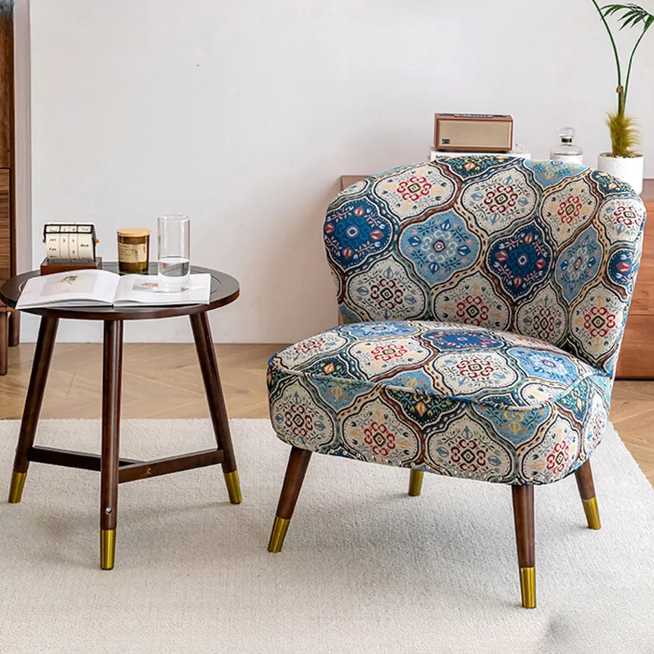 Vintage Bohemian Fabric Accent Chair with Floral Pattern for Home