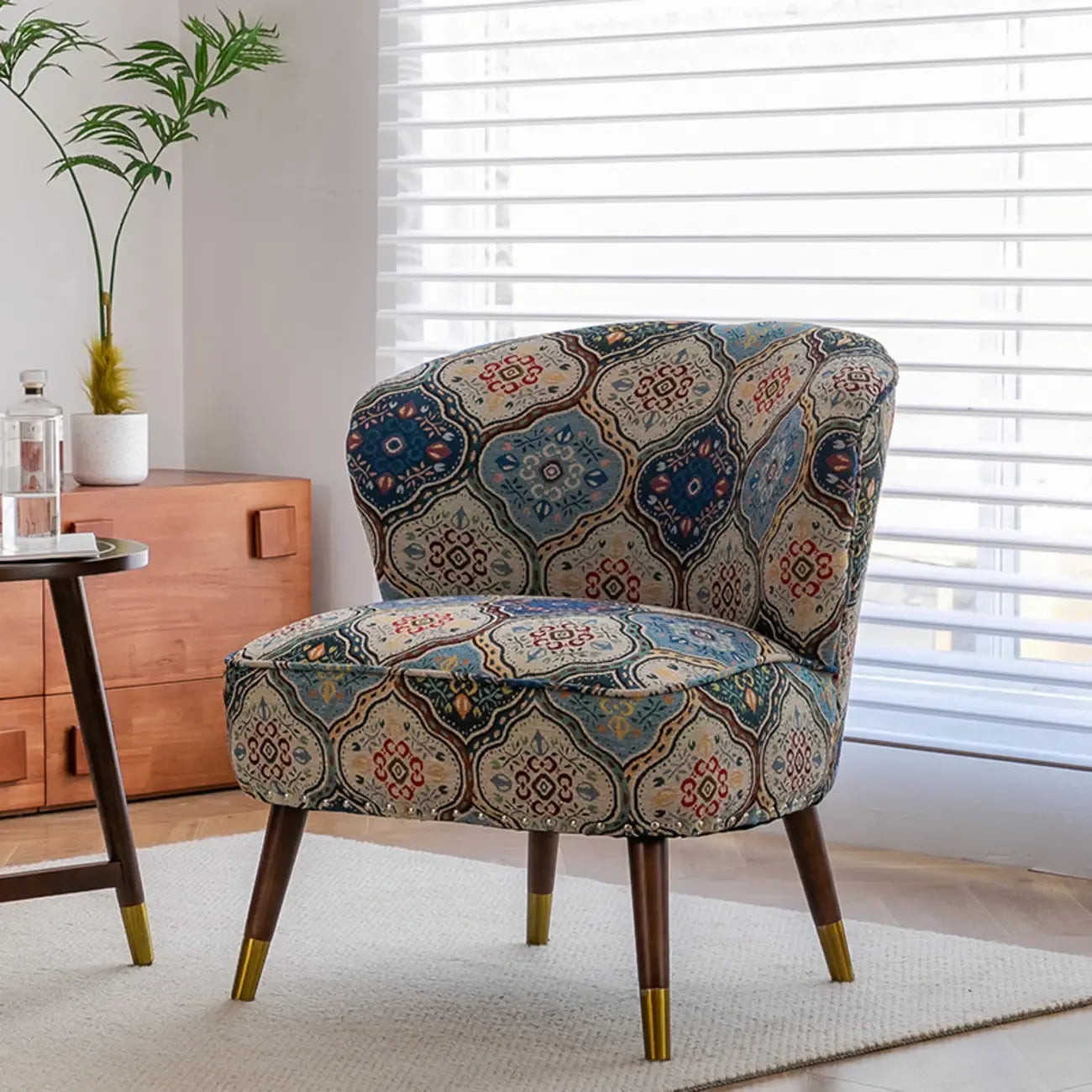 Vintage Bohemian Fabric Accent Chair with Floral Pattern for Home