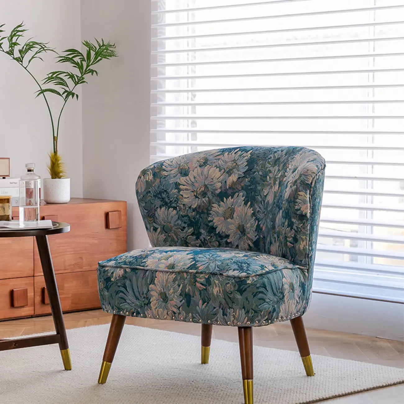 Vintage Bohemian Fabric Accent Chair with Floral Pattern for Home