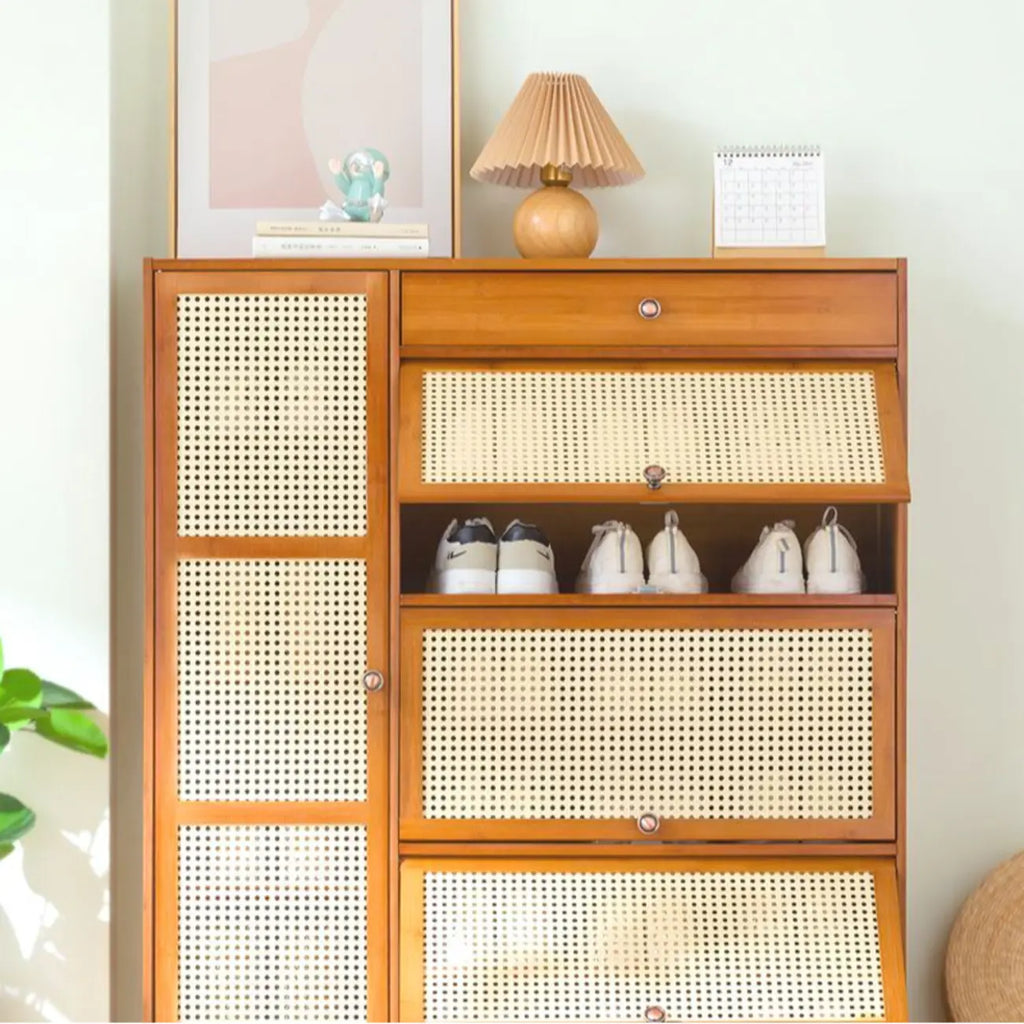 Bohemian Brown Wood Shoe Cabinet with Cane Doors