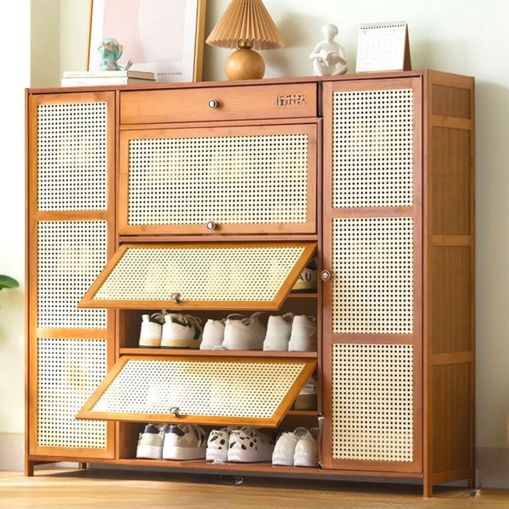 Bohemian Brown Wood Shoe Cabinet with Cane Doors