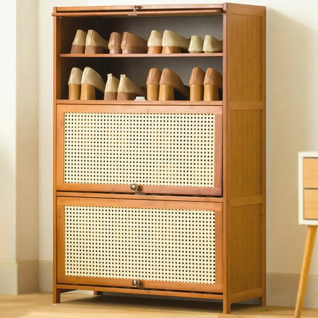 Bohemian Brown Wood Shoe Cabinet with Cane Doors