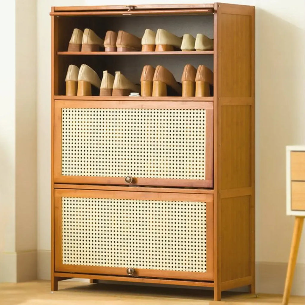 Bohemian Brown Wood Shoe Cabinet with Cane Doors