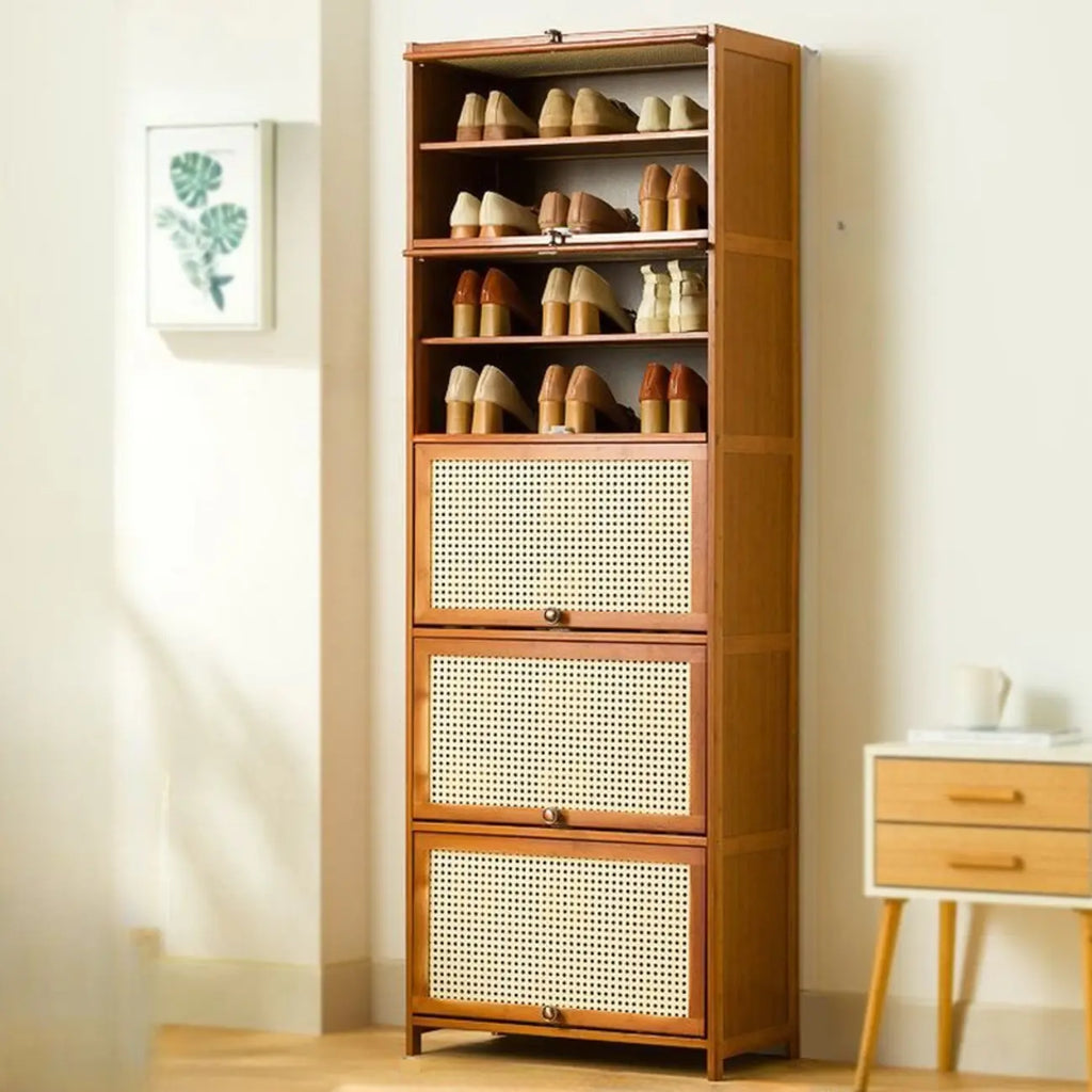 Bohemian Brown Wood Shoe Cabinet with Cane Doors
