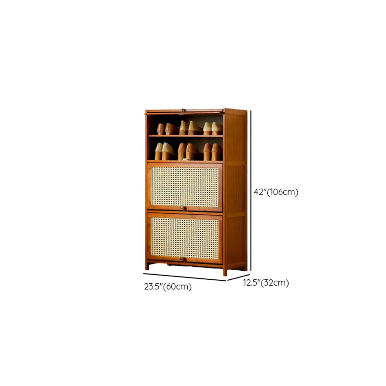 Bohemian Brown Wood Shoe Cabinet with Cane Doors