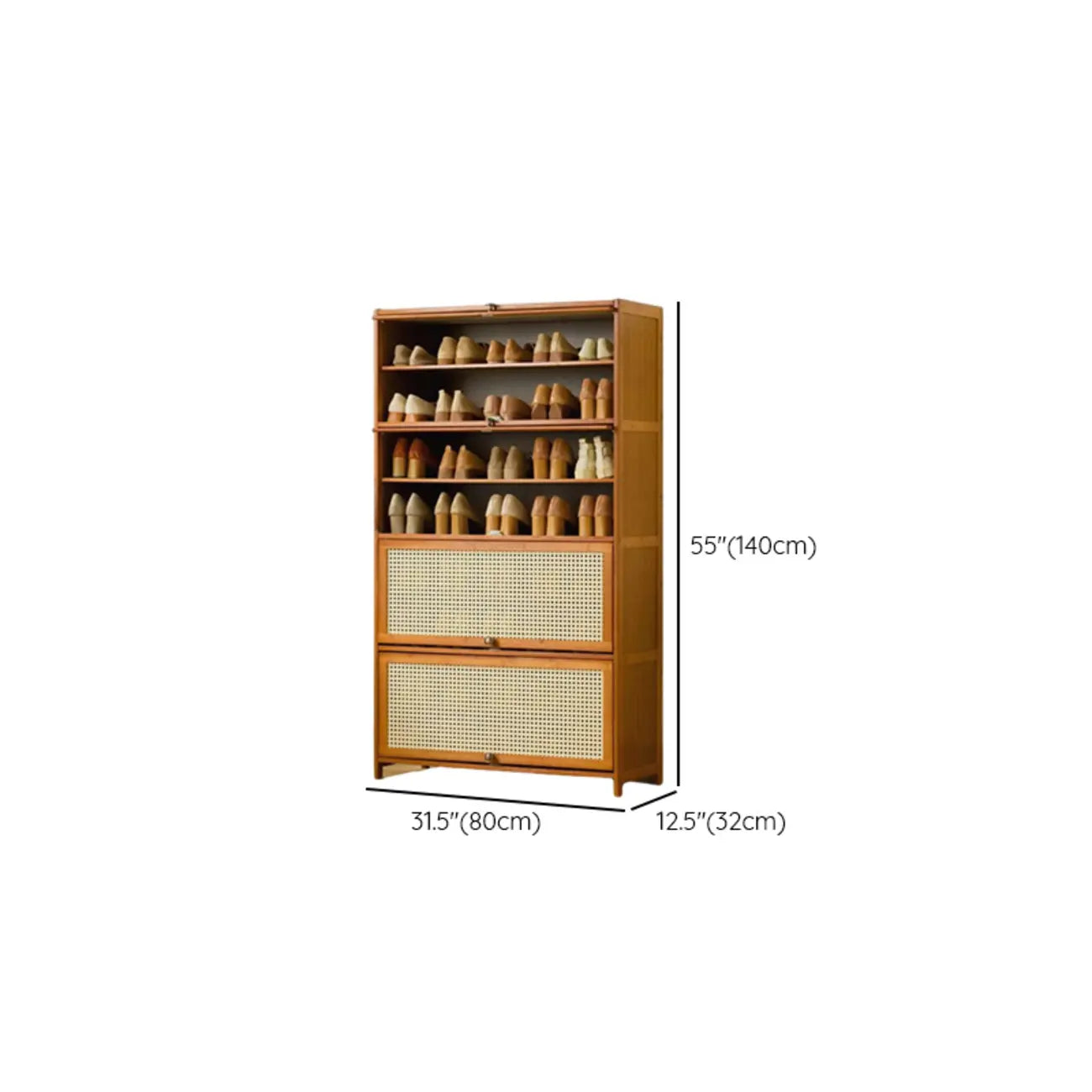 Bohemian Brown Wood Shoe Cabinet with Cane Doors
