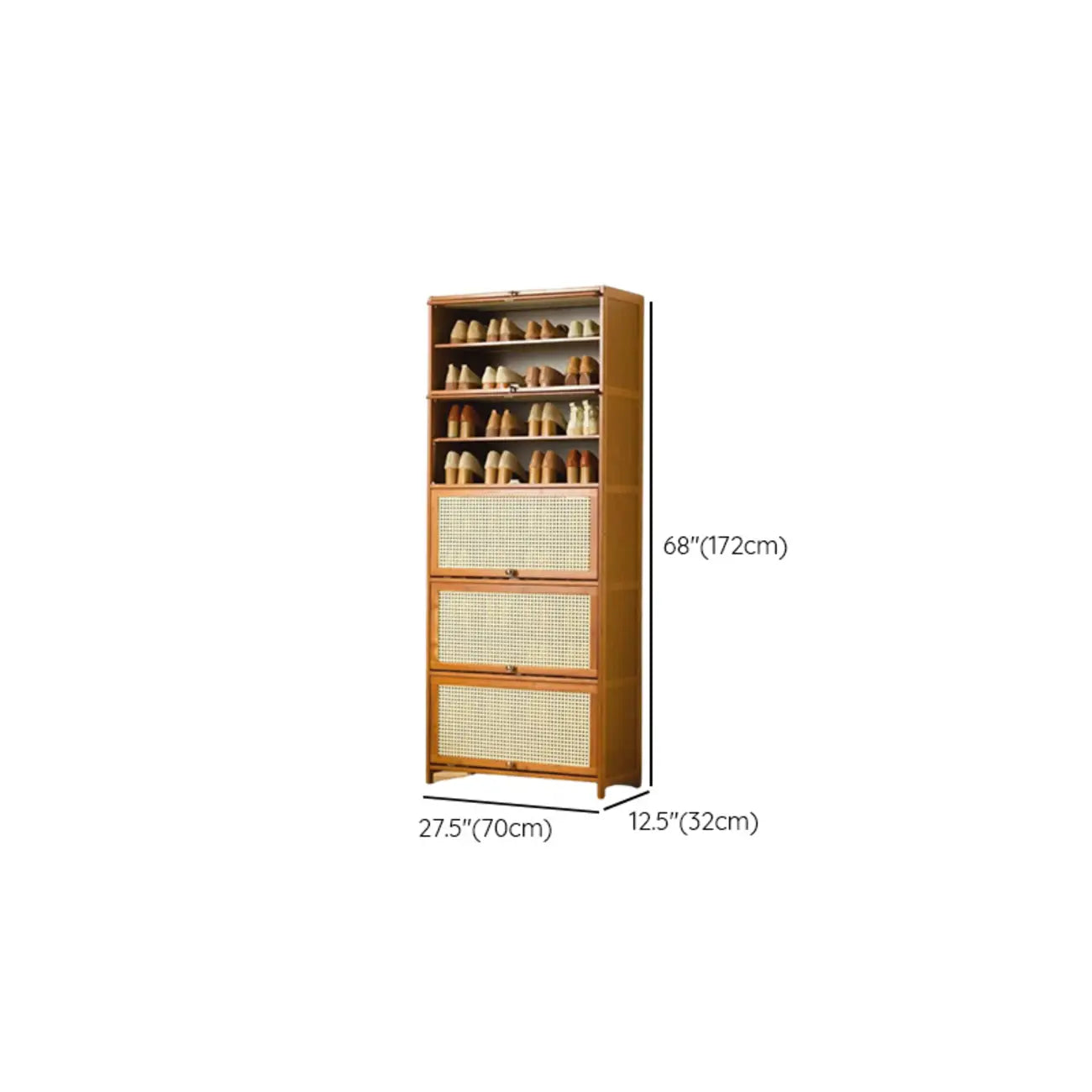 Bohemian Brown Wood Shoe Cabinet with Cane Doors