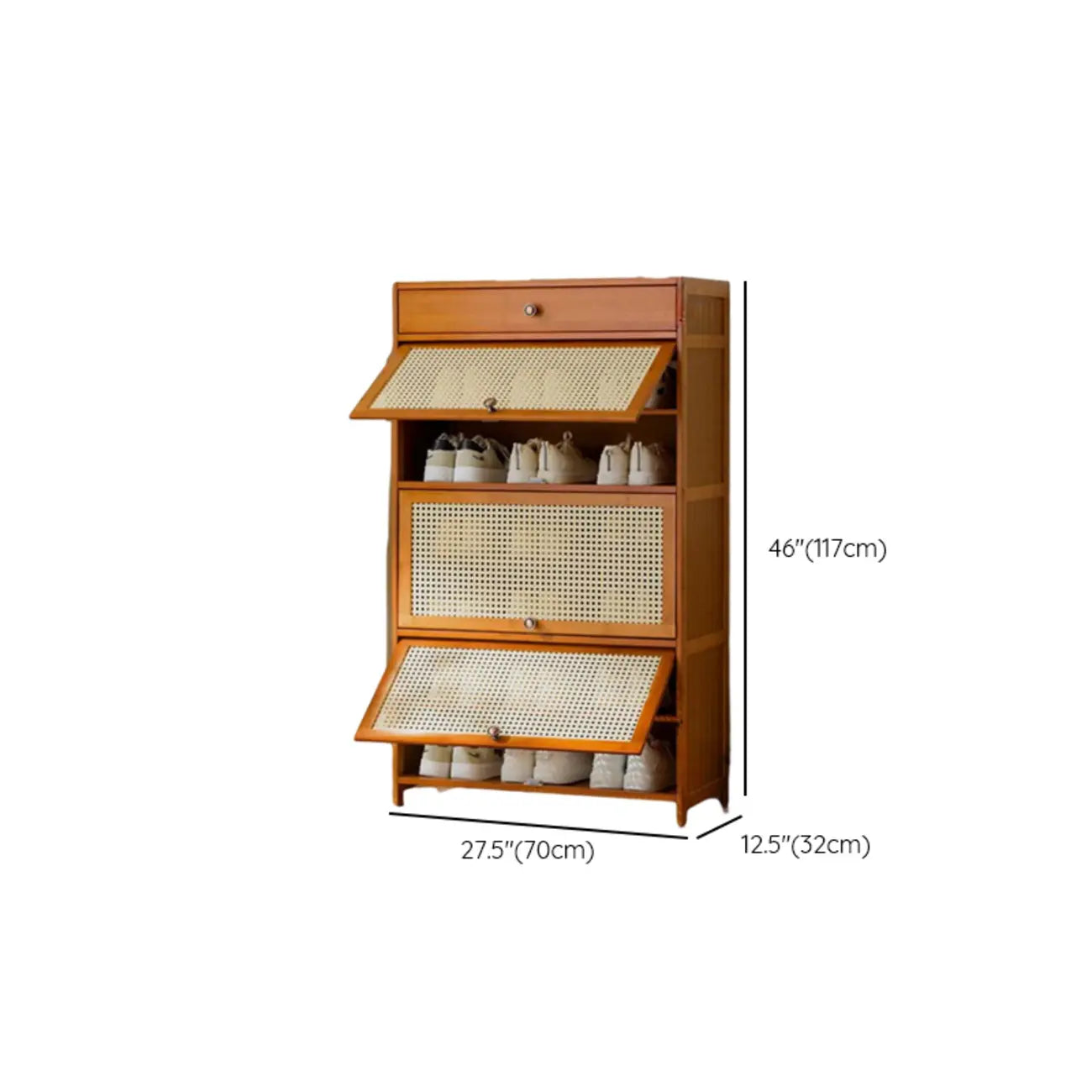 Bohemian Brown Wood Shoe Cabinet with Cane Doors