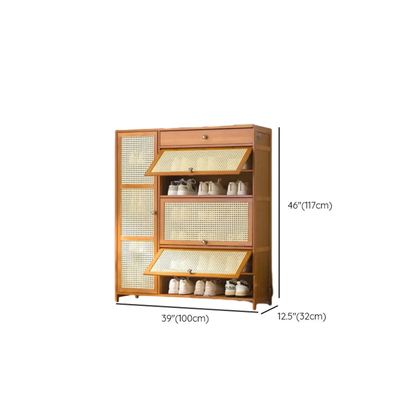 Bohemian Brown Wood Shoe Cabinet with Cane Doors