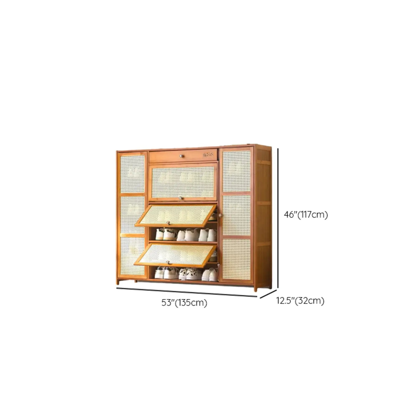 Bohemian Brown Wood Shoe Cabinet with Cane Doors