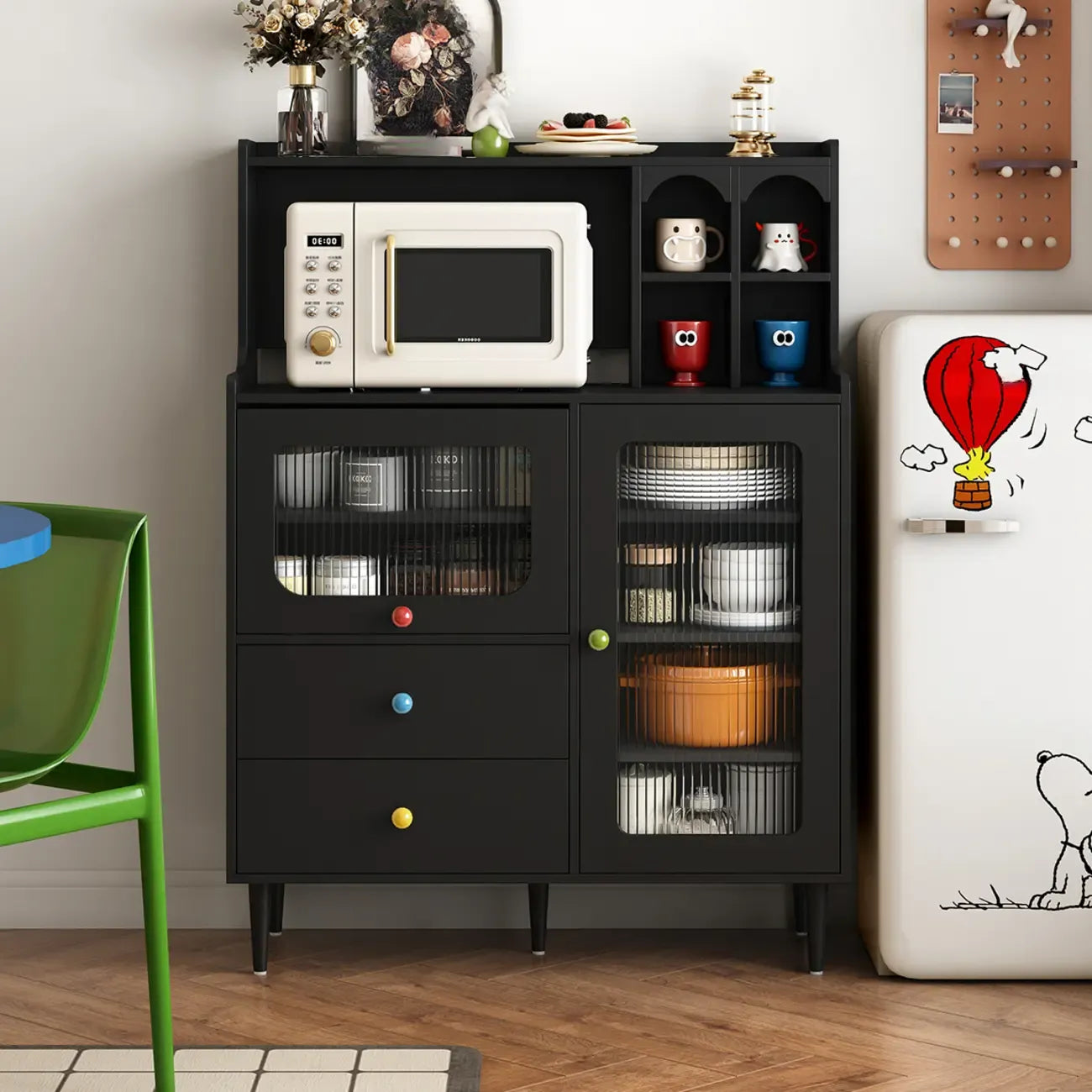 White Wooden 2-Drawer Glass Door Buffet Cabinet with Cubbies