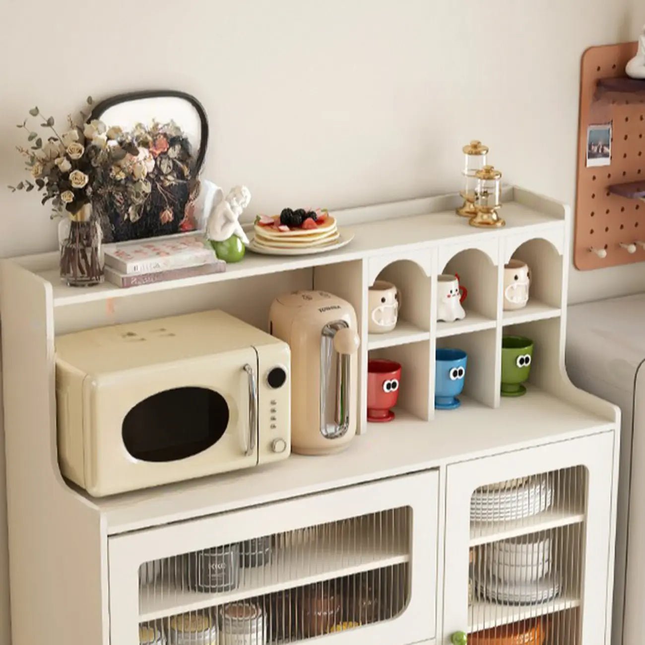 White Wooden 2-Drawer Glass Door Buffet Cabinet with Cubbies