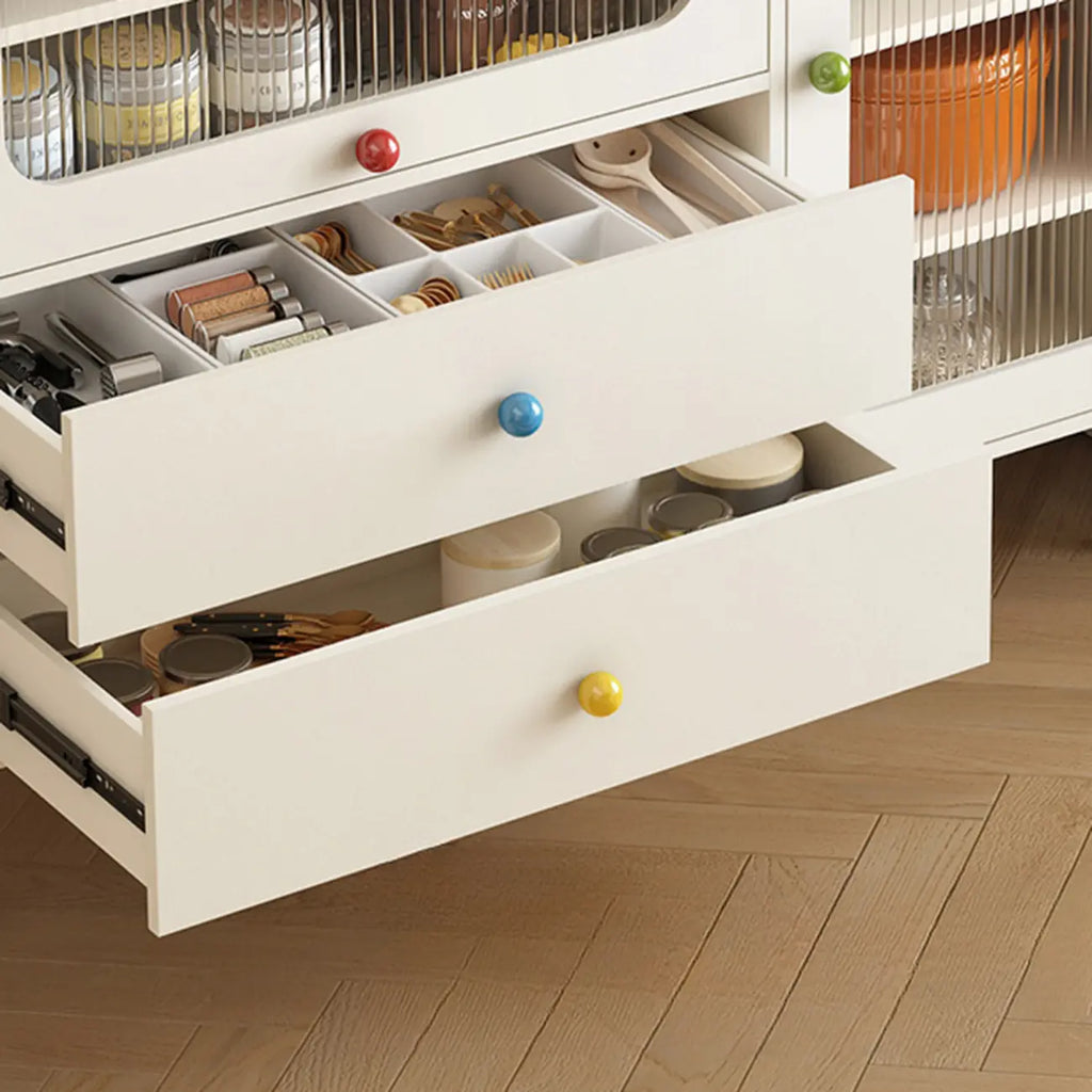 White Wooden 2-Drawer Glass Door Buffet Cabinet with Cubbies