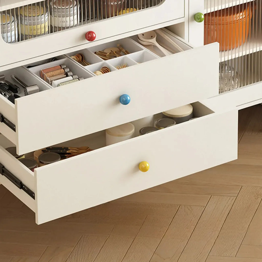 White Wooden 2-Drawer Glass Door Buffet Cabinet with Cubbies