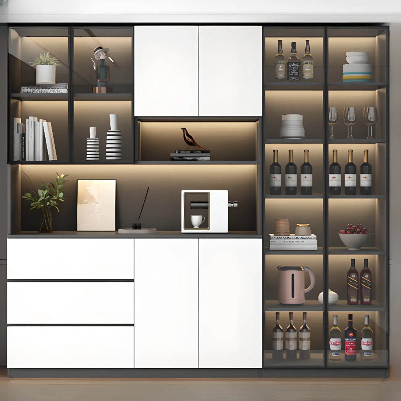 Freestanding Modern Tall Wood Open Storage Wine Cabinet