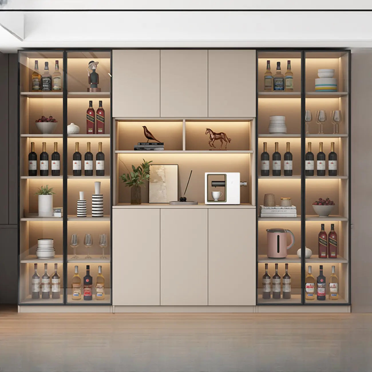 Freestanding Modern Tall Wood Open Storage Wine Cabinet