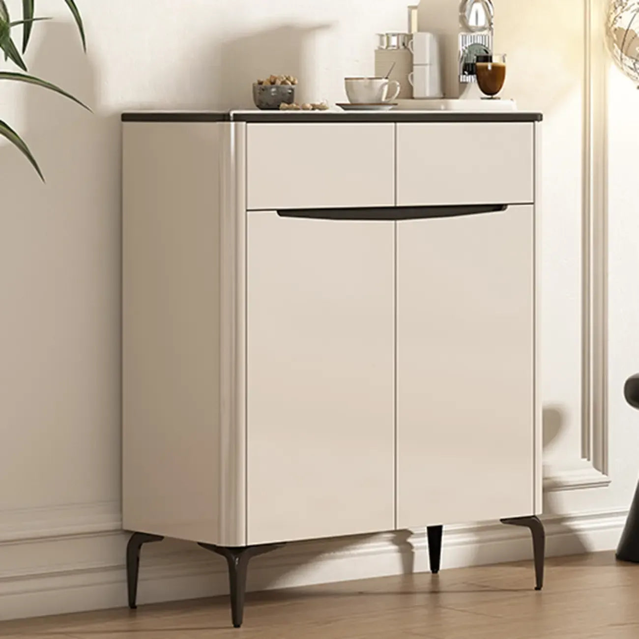Khaki Wood Entryway Shoe Cabinet Marble Top