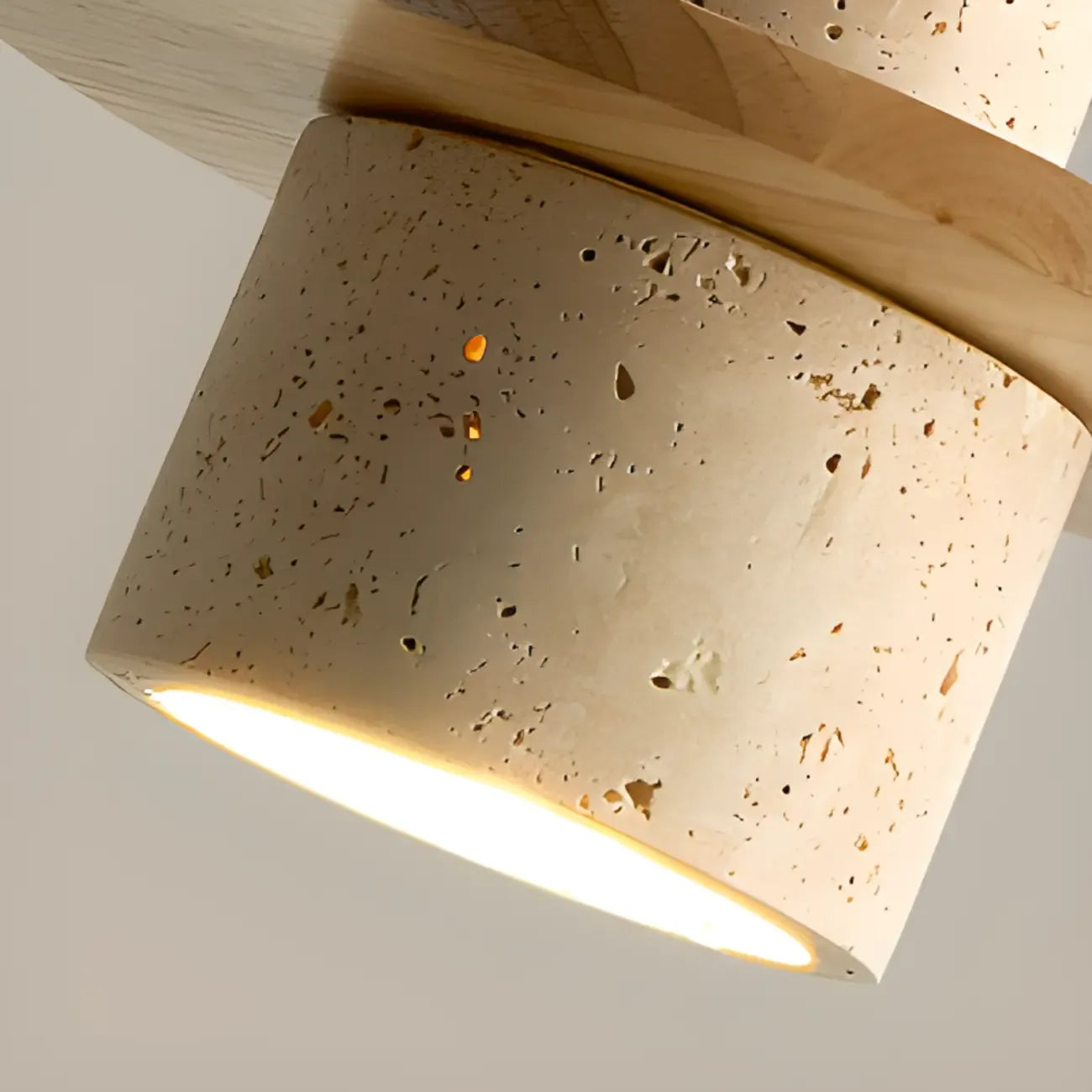 Modern Beige Stone Wood Disc Cylinder Pendant Light